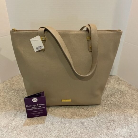 Joy Christie City Beige Leather Tote with RFID Protection - Picture 1 of 4
